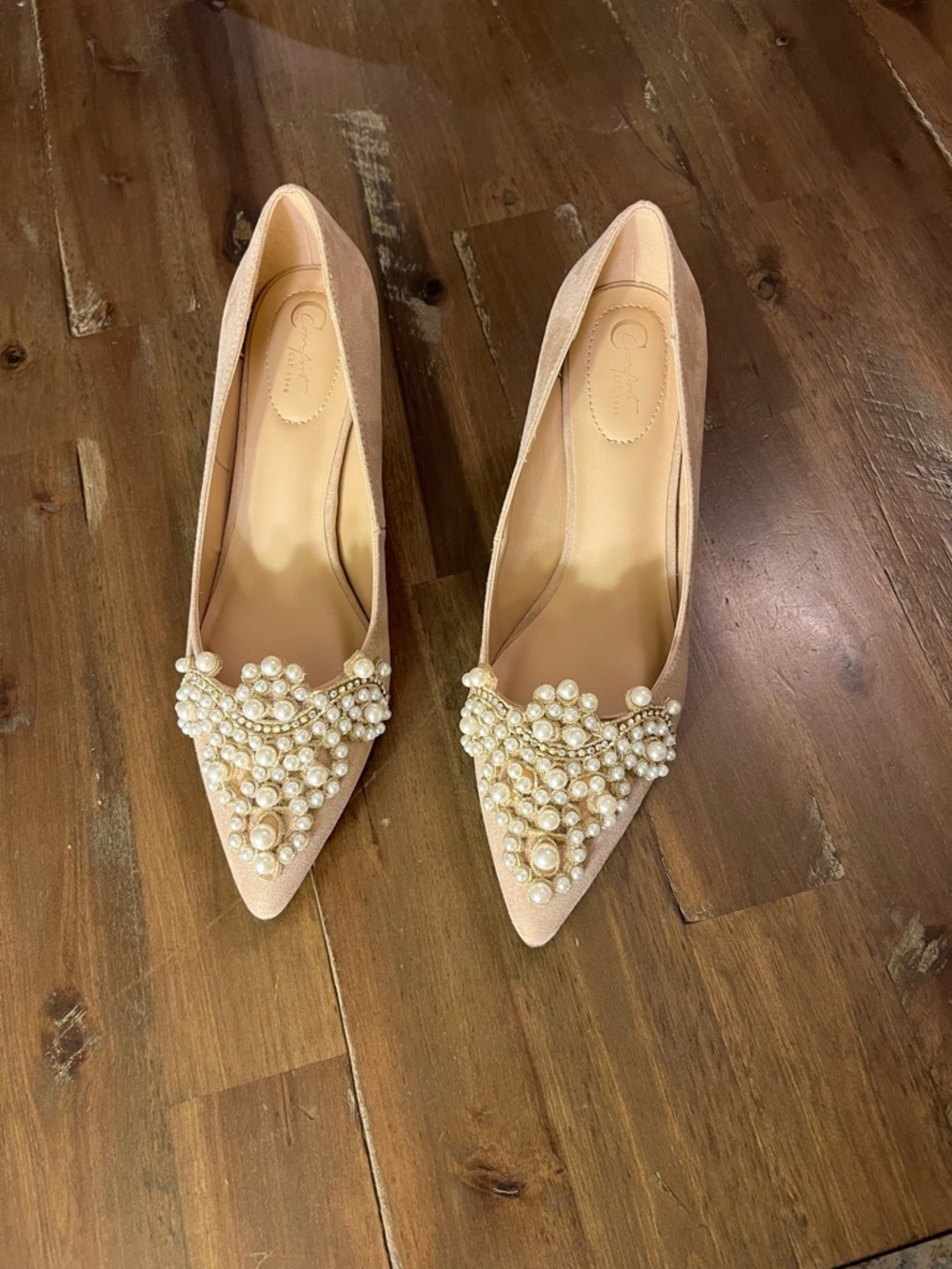Pearl-Embellished Blush Pointed-Toe Heels
